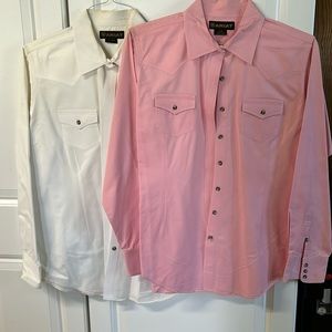 2 ARIAT western shirts. Lg/ladies. One pink, one white, 4 button cuff all.FIRM